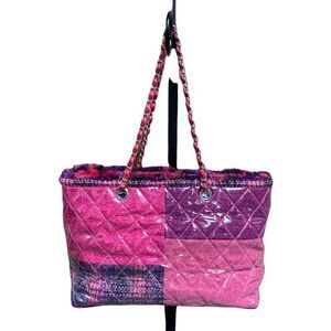 Chanel Authentic Pink Tweed Quilted Patchwork Vinyl Tote Bag